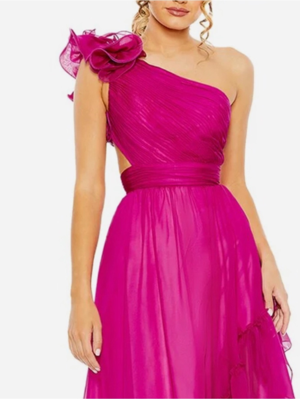Mac Duggal One-Shoulder Fuchsia Ruffle Gown - Picture 2 of 7